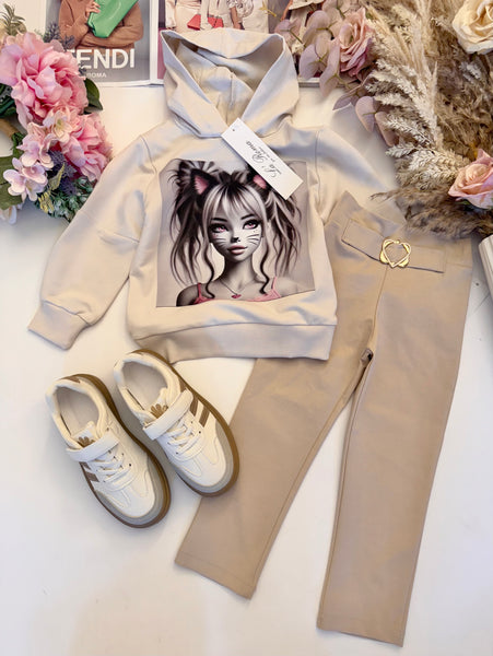 Girl Print Beige Hoodie